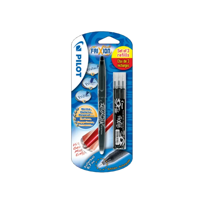 Rollerpen PILOT friXion medium zwart blister à 1 stuk + 3 vullingen