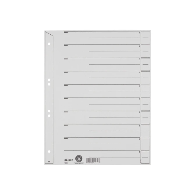 Scheidingsbladen Leitz A4 karton 200gr 6-gaats grijs 100 stuks