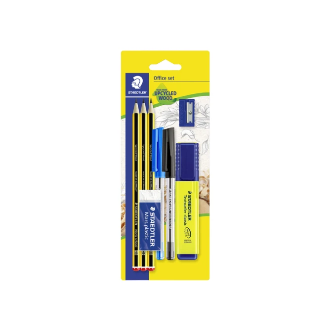 Schrijfset Staedtler inhoud 3 Noris potloden HB - 2 balpennen, markeerstift, gum en slijper 8 stuks