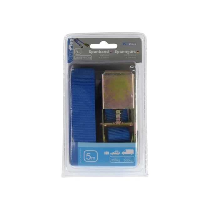 Spanband ProPlus ratel 5 meter met 2 haken blauw