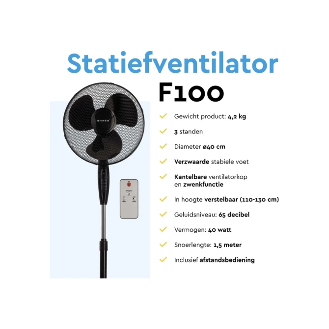 Statiefventilator BRASQ met remote Ø 40cm zwart