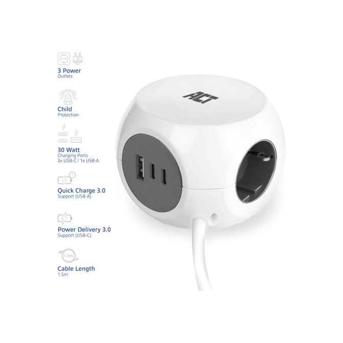 Stekkerblok ACT 3 voudig  inclusief 2x USB C/A 1.5 meter wit/grijs