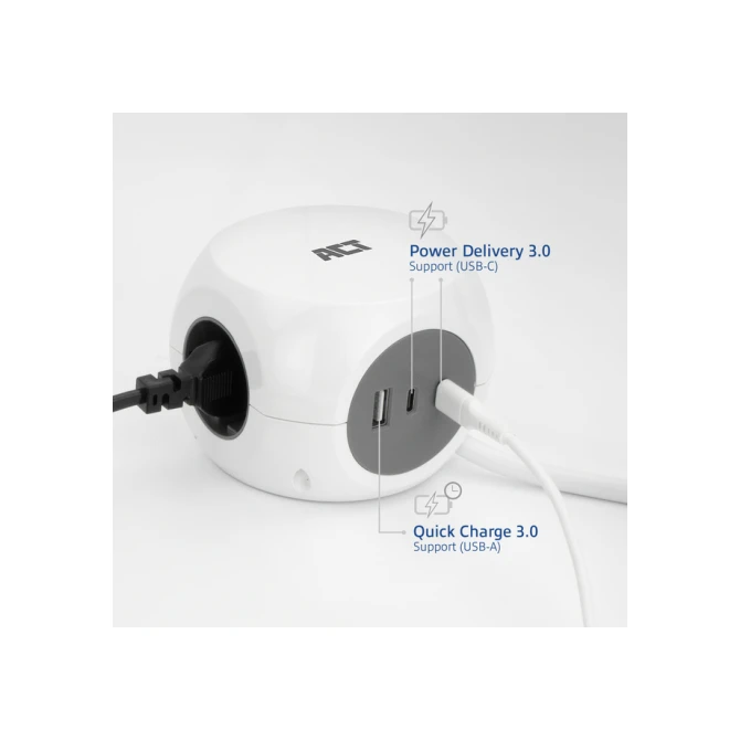 Stekkerblok ACT 3 voudig  inclusief 2x USB C/A 1.5 meter wit/grijs
