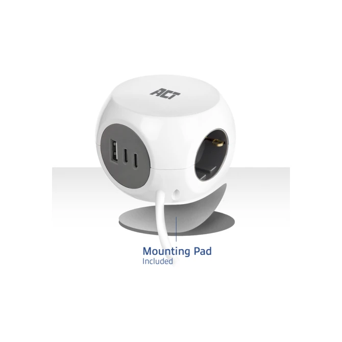 Stekkerblok ACT 3 voudig  inclusief 2x USB C/A 1.5 meter wit/grijs