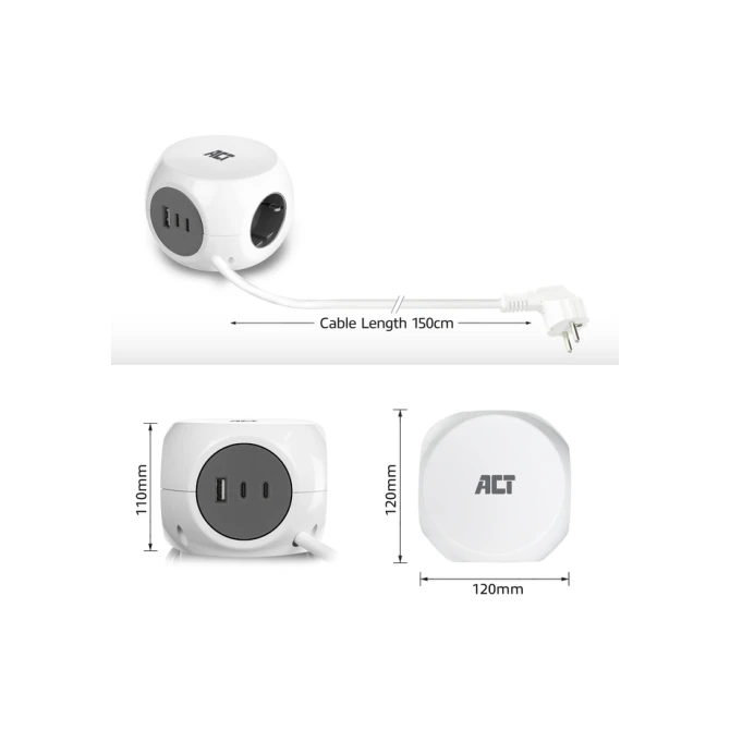 Stekkerblok ACT 3 voudig  inclusief 2x USB C/A 1.5 meter wit/grijs