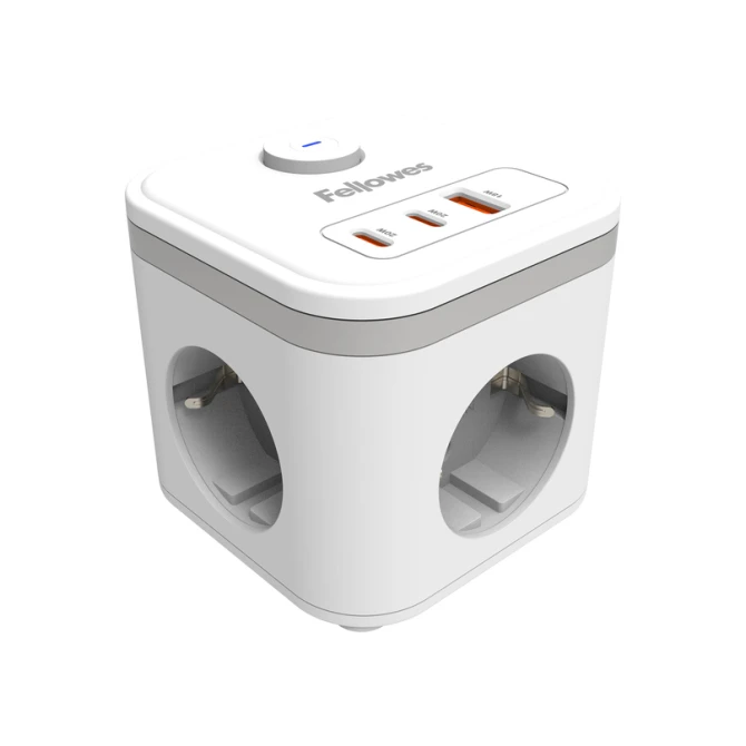 Stekkerblok Fellowes Power Cube F 3 voudig 1xUSB A 2xUSB C 2 meter wit