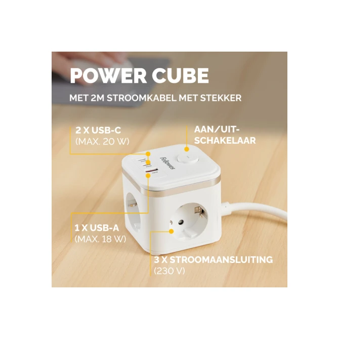 Stekkerblok Fellowes Power Cube F 3 voudig 1xUSB A 2xUSB C 2 meter wit