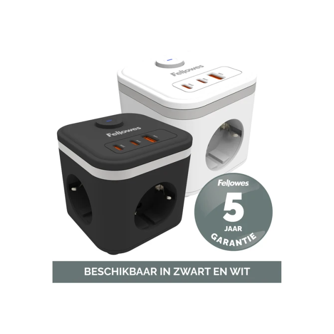 Stekkerblok Fellowes Power Cube F 3 voudig 1xUSB A 2xUSB C 2 meter wit