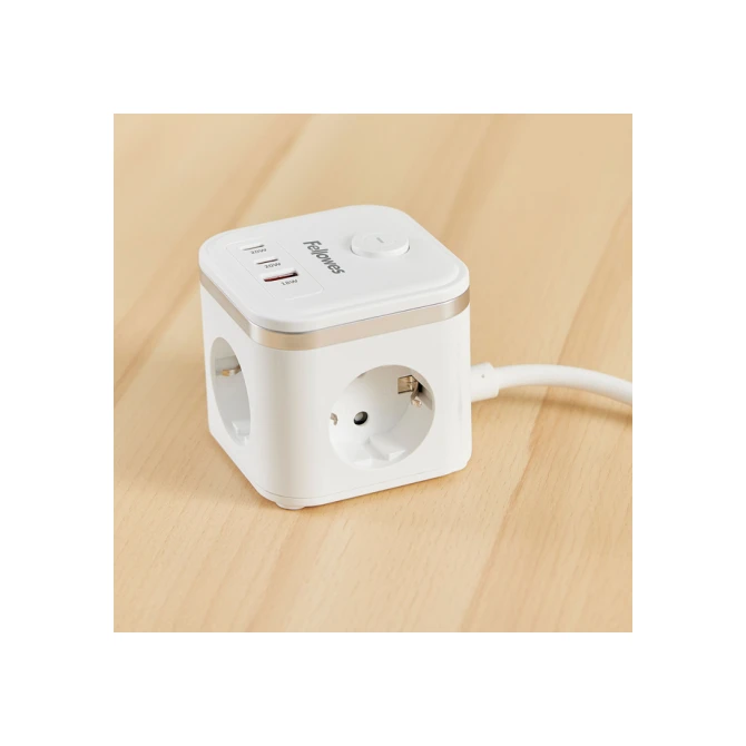 Stekkerblok Fellowes Power Cube F 3 voudig 1xUSB A 2xUSB C 2 meter wit