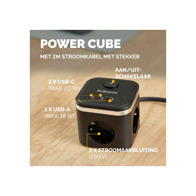 Stekkerblok Fellowes Power Cube F 3vdg 1xUSB A 2xUSB C 2 meter zwart