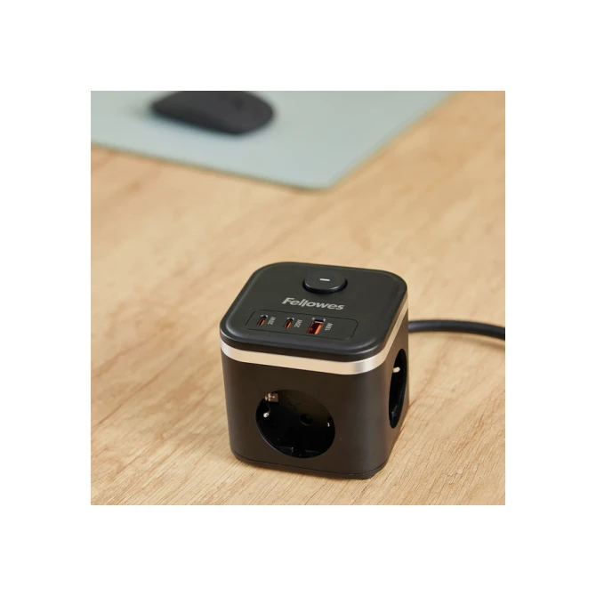 Stekkerblok Fellowes Power Cube F 3vdg 1xUSB A 2xUSB C 2 meter zwart