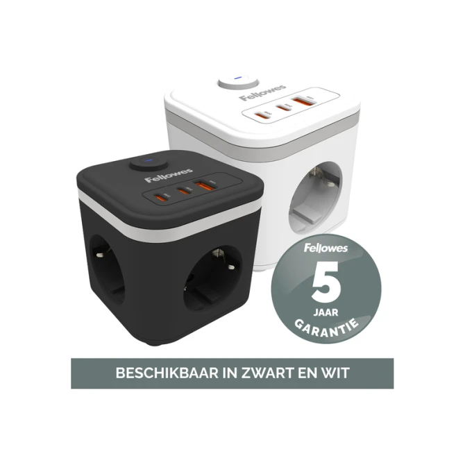 Stekkerblok Fellowes Power Cube F 3vdg 1xUSB A 2xUSB C 2 meter zwart