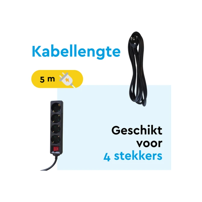 Stekkerdoos BRASQ 4 voudig 5 meter zwart