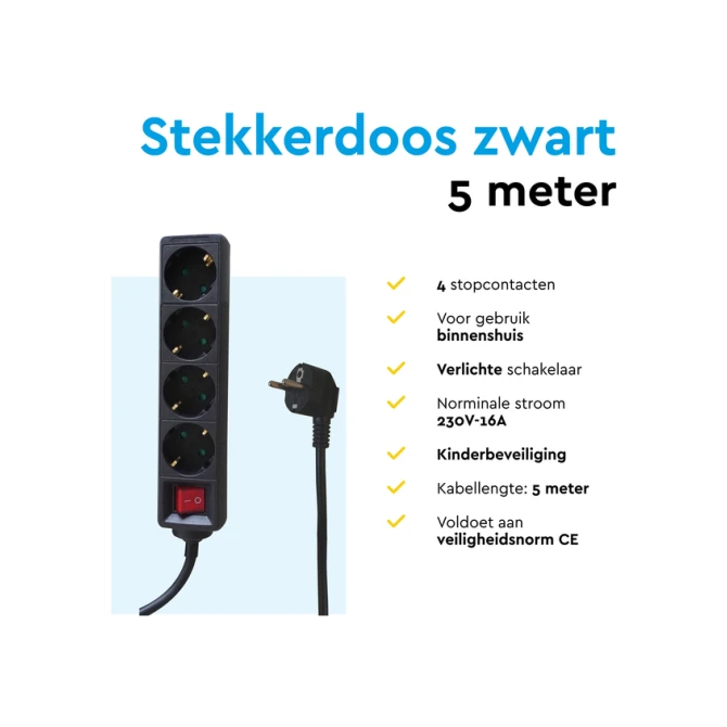 Stekkerdoos BRASQ 4 voudig 5 meter zwart