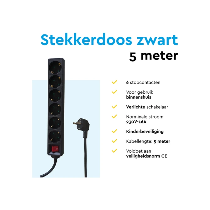 Stekkerdoos BRASQ 6 voudig 5 meter zwart