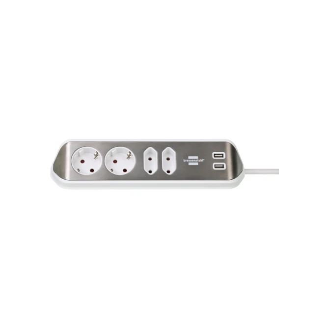 Stekkerdoos Brennenstuhl bureau Estilo 4 voudig inclusief 2 USB 2 meter wit/zilver