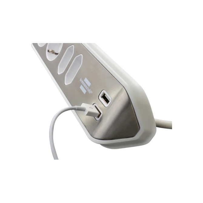 Stekkerdoos Brennenstuhl bureau Estilo 4 voudig inclusief 2 USB 2 meter wit/zilver