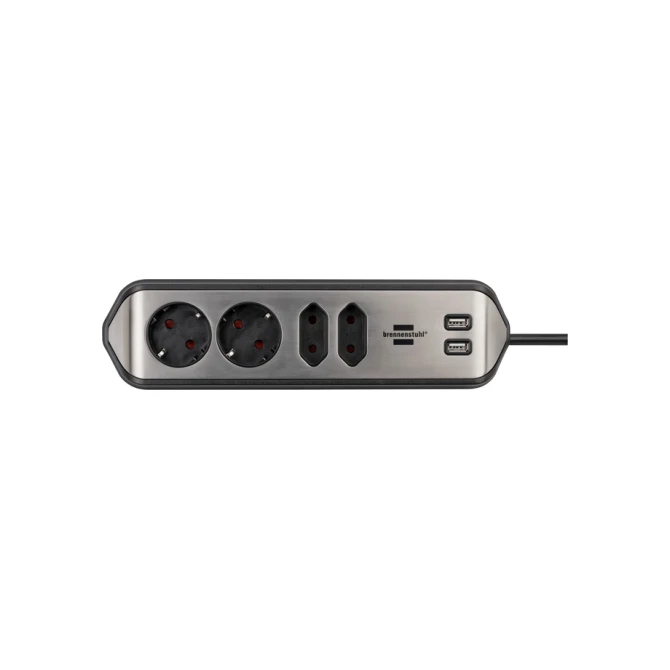 Stekkerdoos Brennenstuhl bureau Estilo 4 voudig inclusief 2 USB 2 meter zwart/zilver