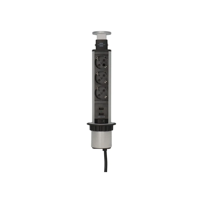 Stekkerdoos Brennenstuhl toren 3 voudig inclusief 2 USB 2 meter zwart/zilver
