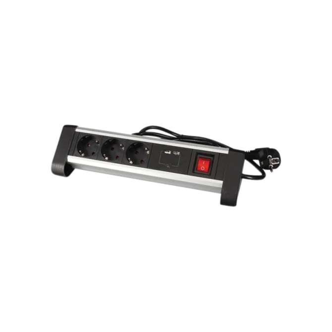 Stekkerdoos Perel bureau 3-voudig met schakelaar incl. 2 USB-poorten 1.4m zwart