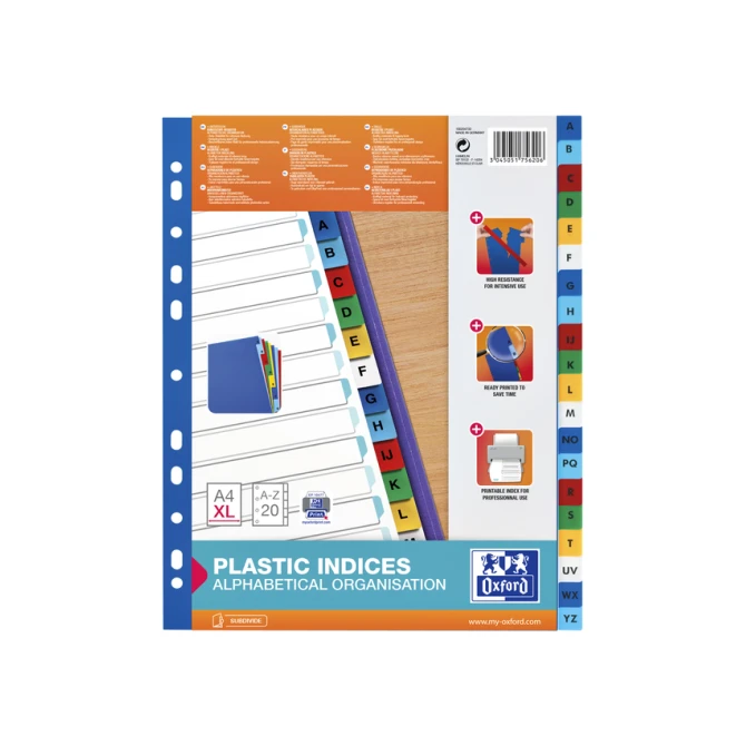 Tabbladen Oxford A4+ 11-gaats 20-delig A-Z PP kleur