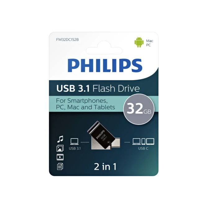 USB stick 3.1 Philips 2in1 USB-A 32GB zwart