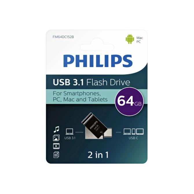 USB stick 3.1 Philips 2in1 USB-A 64GB zwart