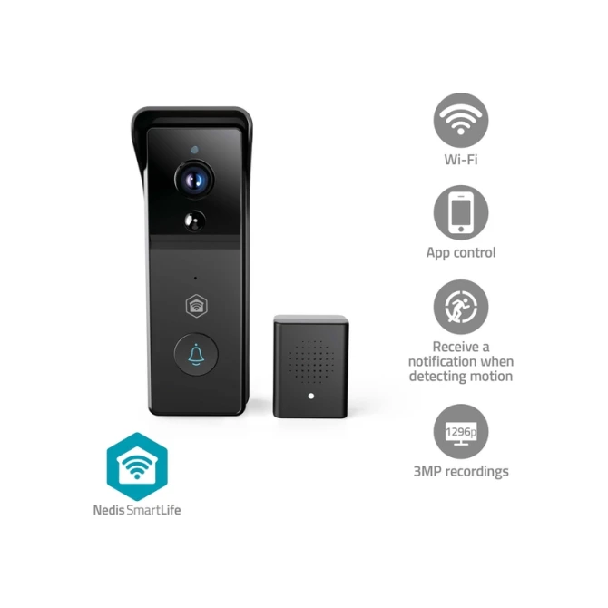 Videodeurbel Nedis Smartlife Wifi 3MP Full HD 1296p zwart