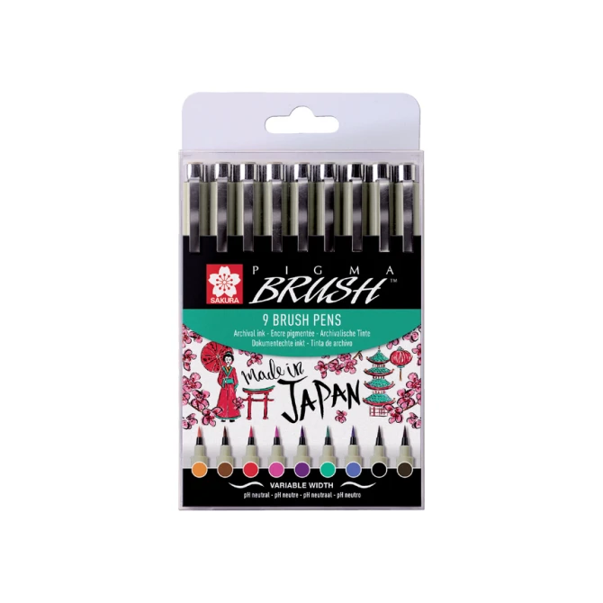 Viltift met brushpen Bruynzeel Sakura Pigma etui à 9 kleuren