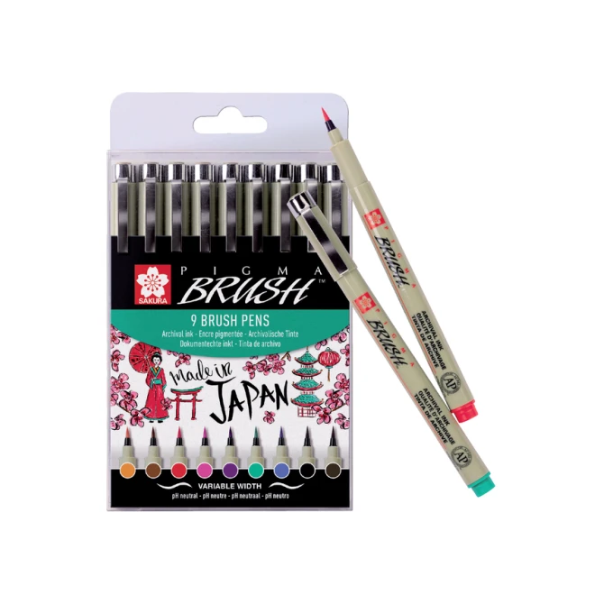 Viltift met brushpen Bruynzeel Sakura Pigma etui à 9 kleuren