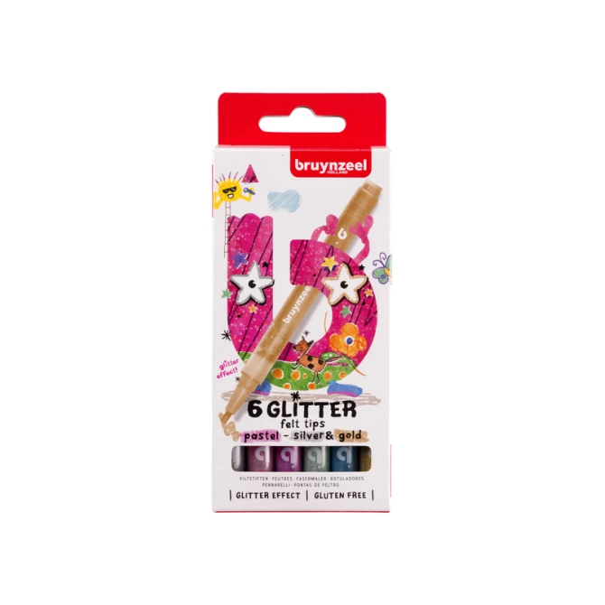 Viltstift Bruynzeel Kids pastel zilver goud set à 6 glitterkleuren