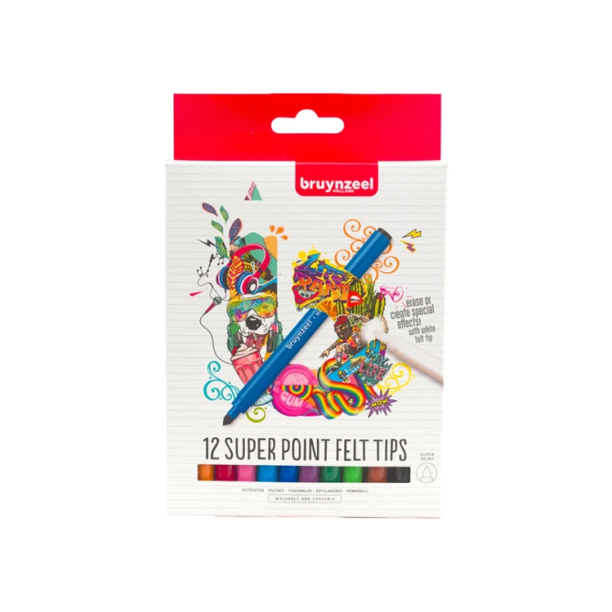 Viltstift Bruynzeel Super Point met witte wisstift set à 12 kleuren