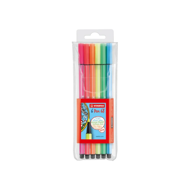 Viltstift STABILO Pen 68 medium fluor assorti etui à 6 stuks