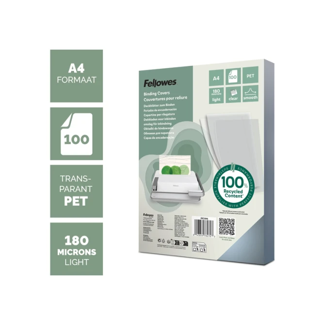 Voorblad Fellowes A4 PET 180micron recycled 100 stuks