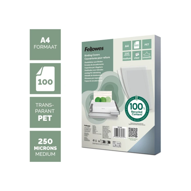 Voorblad Fellowes A4 PET 250micron recycled 100 stuks