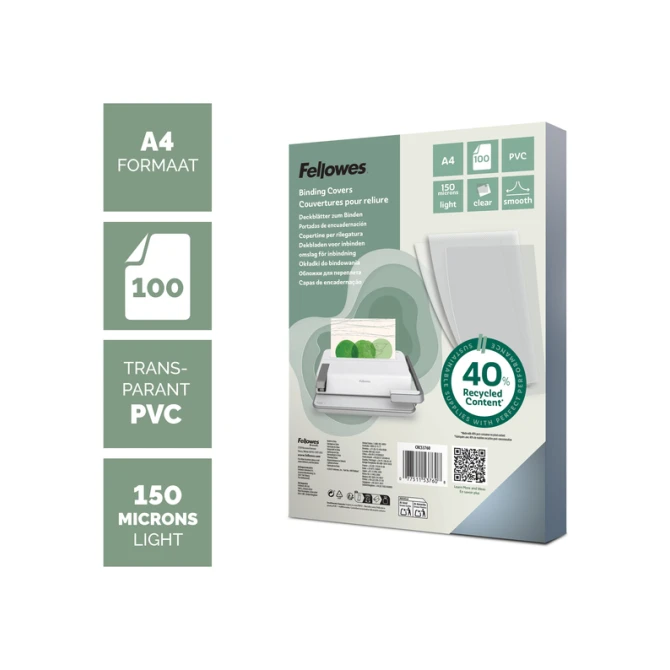 Voorblad Fellowes A4 PVC 150micron recycled 100 stuks