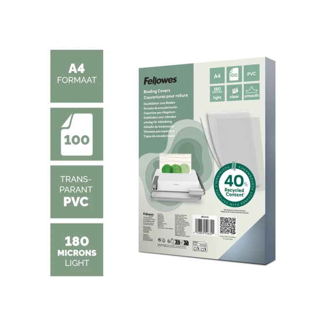 Voorblad Fellowes A4 PVC 180micron recycled 100 stuks