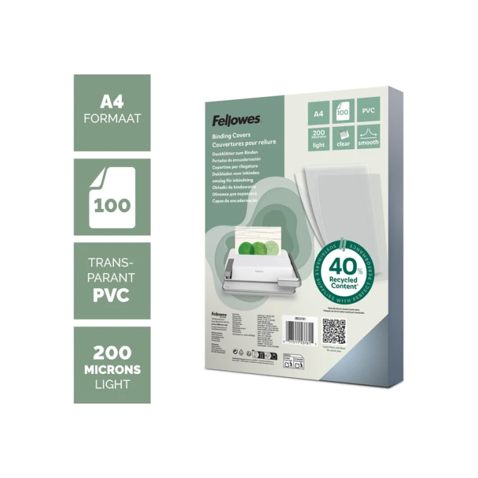 Voorblad Fellowes A4 PVC 200micron recycled 100 stuks