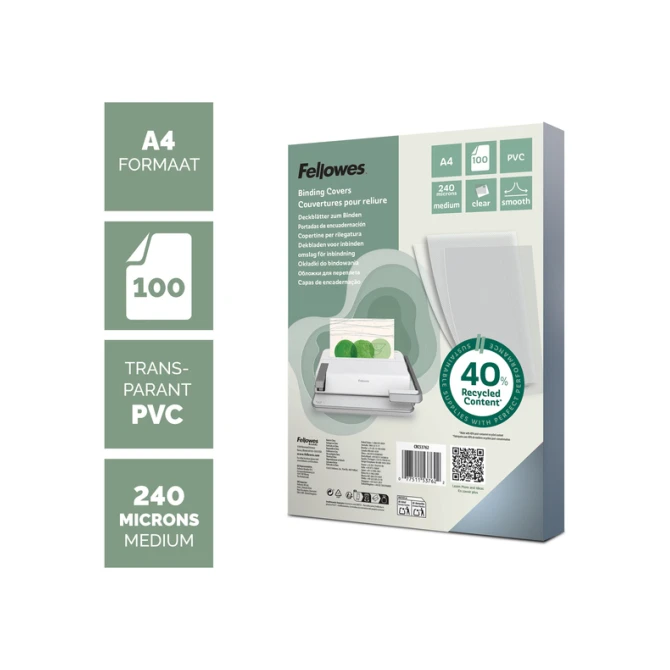 Voorblad Fellowes A4 PVC 240micron recycled 100 stuks