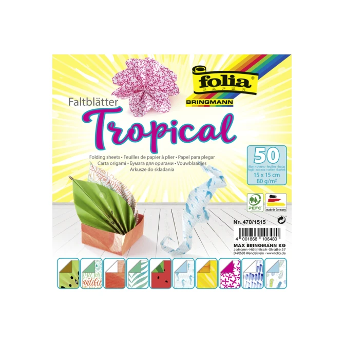 Vouwblaadjes Folia 80gr 15x15cm 50 vel 2-zijdig 10 tropical designs