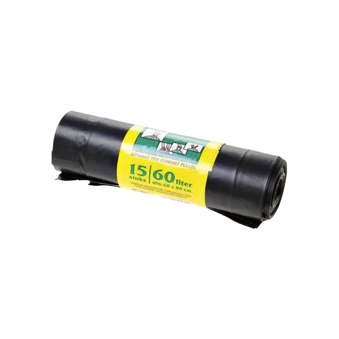 Vuilniszak Komo 60 liter met trekband zwart rol à 15 stuks
