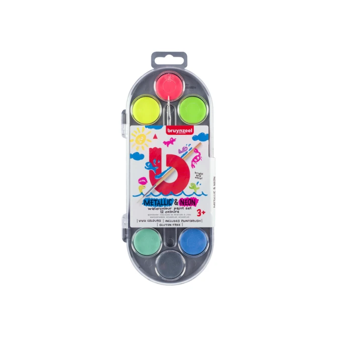 Waterverfset Bruynzeel Kids met penseel set à 12 metallic- en neonkleuren