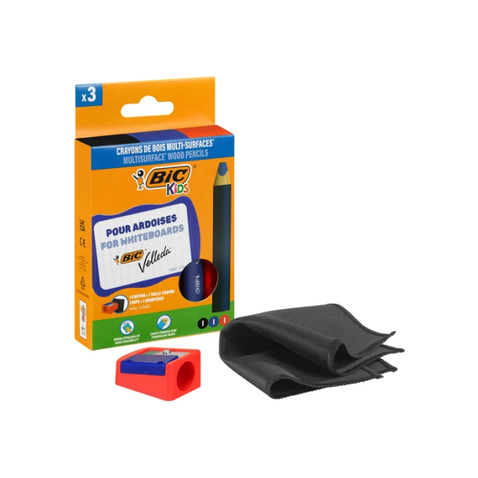 Whiteboardpotlood BicKids Multi Surface + puntenslijper/doekje ass 3st