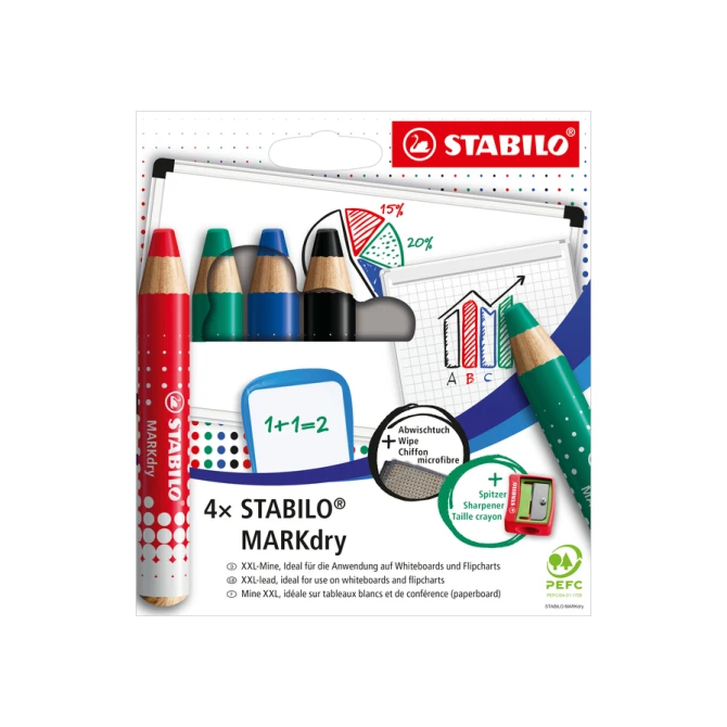 Whiteboardpotlood STABILO MARKdry 648/4 |+ slijper-microvezel ass 4st