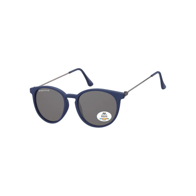 Zonnebril Montana met smoke gepolariseerd rond glas en metalen pootje blauw